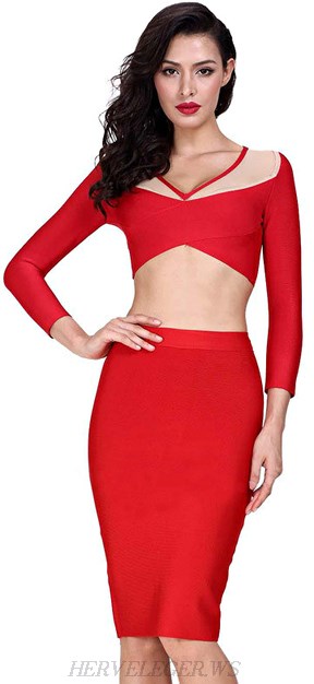 Herve Leger Red Mesh Asymmetric Two Piece Bandage Dress