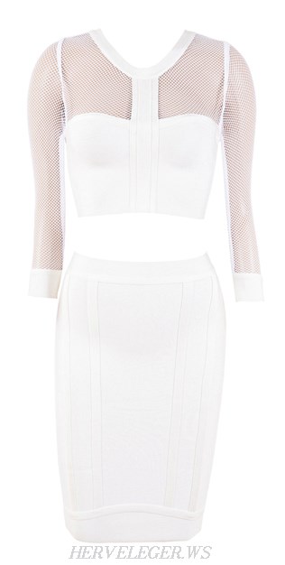 Herve Leger White Mesh Sleeves Two Piece Bandage Dress