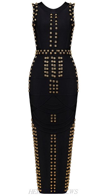 Herve Leger Black Metallic Applique Bandage Gown Herve Leger Black Metallic Applique Bandage Gown