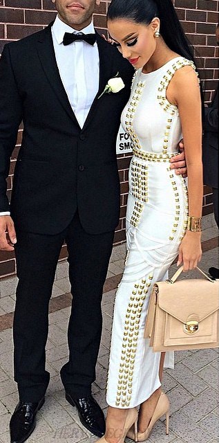 Herve Leger White Metallic Applique Bandage Gown