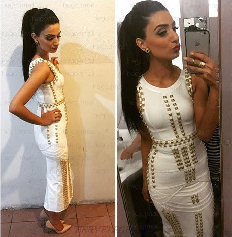 Herve Leger White Metallic Applique Bandage Gown