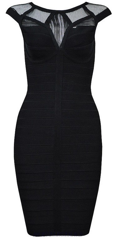 Herve Leger Black Multi Stitch Crochet Detail Bandage Dress
