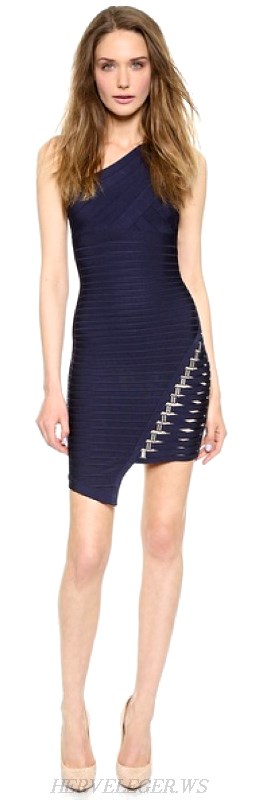 Herve Leger Navy One Shoulder Asymmetric Bandage Dress