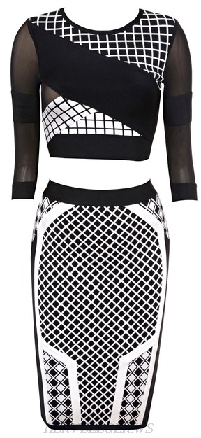 Herve Leger Monochrome Patterned Mesh Two Piece Bandage Dress Herve Leger Monochrome Patterned Mesh Two Piece Bandage Dress