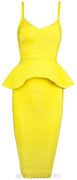 Herve Leger Yellow Peplum Two Piece Bandage Dress