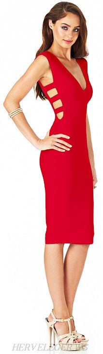Herve Leger Red Plunging Cutout Bandage Dress