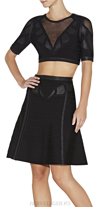 Herve Leger Black Puffa Print Crochet Bandage Top Skirt Dress