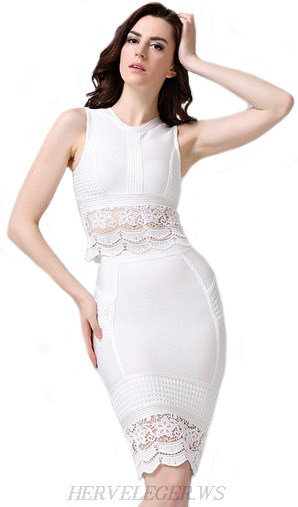 Herve Leger White Scalloped Lace Two Piece Dress