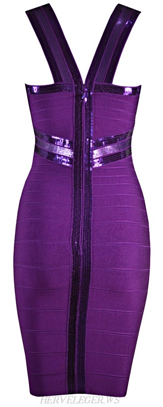 Herve Leger Purple Sequin Crisscross Bandage Dress