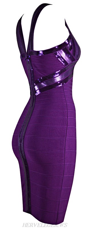 Herve Leger Purple Sequin Crisscross Bandage Dress