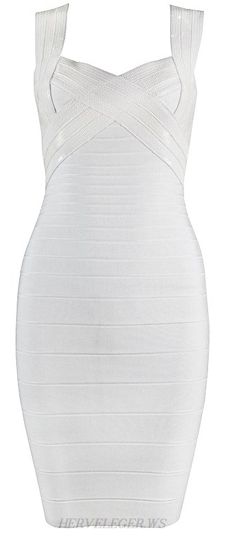 Herve Leger White Sequin Crisscross Bandage Dress