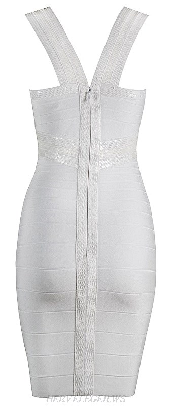 Herve Leger White Sequin Crisscross Bandage Dress
