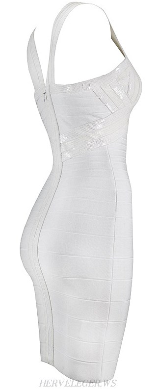 Herve Leger White Sequin Crisscross Bandage Dress