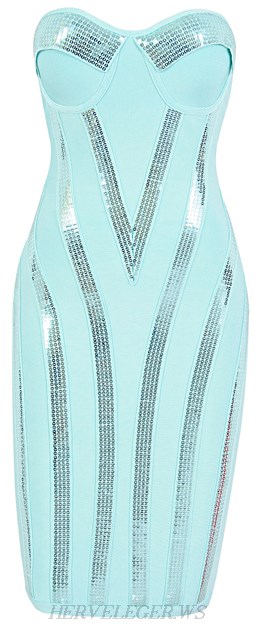 Herve Leger Green Sequined Sweetheart Bandeau Dress