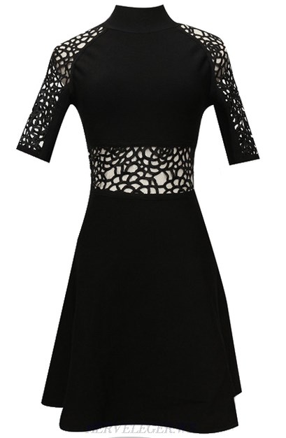 Herve Leger Black Short Sleeve Crochet A Line Dress