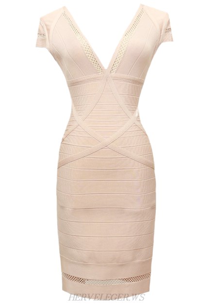 Herve Leger Nude Short Sleeve Cutout Dress