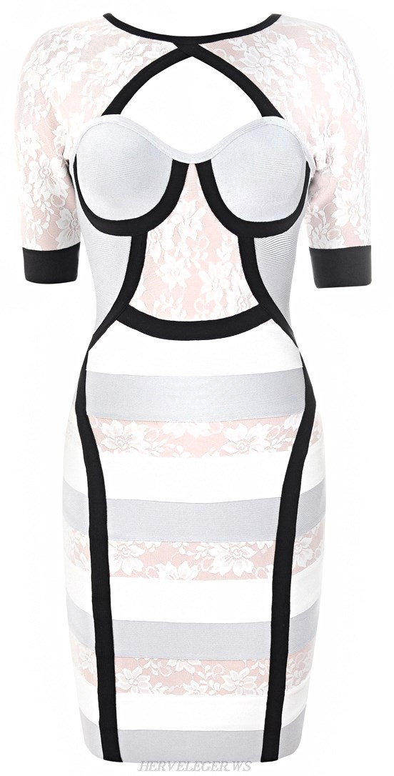 Herve Leger Short Sleeve Lace Colour Block Bandage Dress
