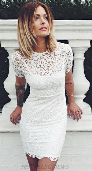 Herve Leger White Short Sleeve Scalloped Lace Bandage Dress