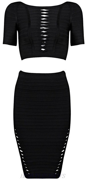 Herve Leger Black Short Sleeve Twist Cutout Two Piece Bandage Dress