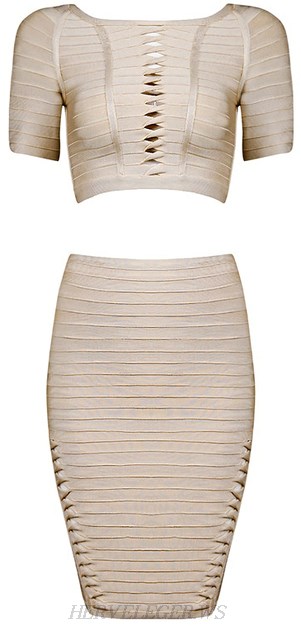 Herve Leger Nude Short Sleeve Twist Cutout Two Piece Bandage Dress