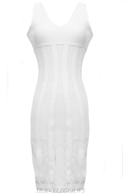 Herve Leger White Striped Mesh Dress