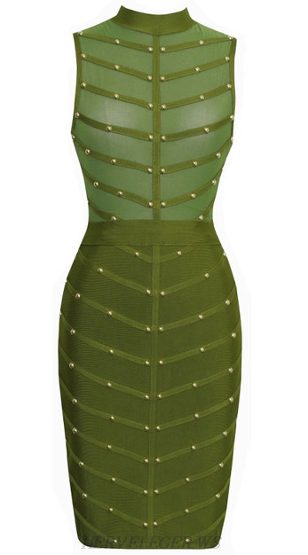 Herve Leger Studded Mesh Bandage Dress Green