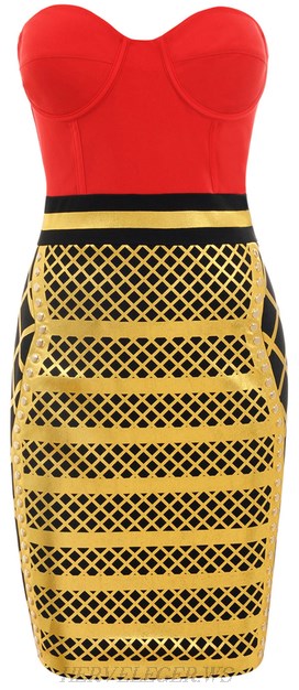 Herve Leger Red And Gold Sweetheart Colorblock Foil Dress