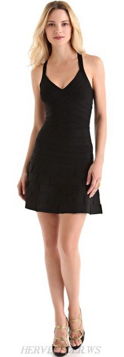 Herve Leger Black V Neck A Line Bandage Dress