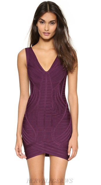 Herve Leger Purple V Neck Bandage Dress