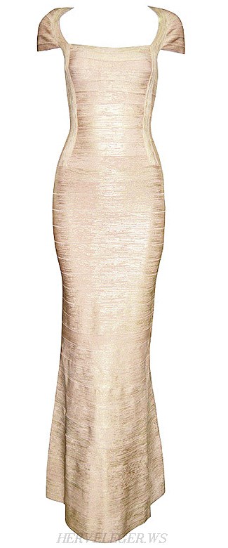 Herve Leger Gold Woodgrain Foil Print Bandage Gown
