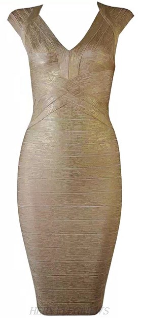 Herve Leger Gold Woodgrain Foil Print Bandage Dress