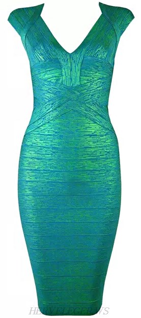 Herve Leger Green Woodgrain Foil Print Bandage Dress