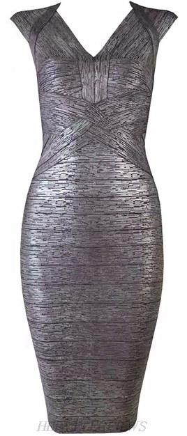 Herve Leger Silver Woodgrain Foil Print Bandage Dress