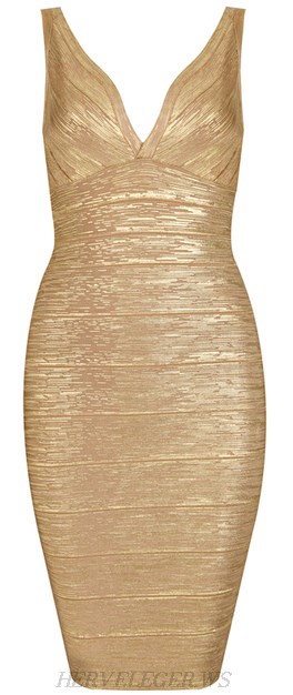 Herve Leger Gold Woodgrain Foil Print V Neck Dress