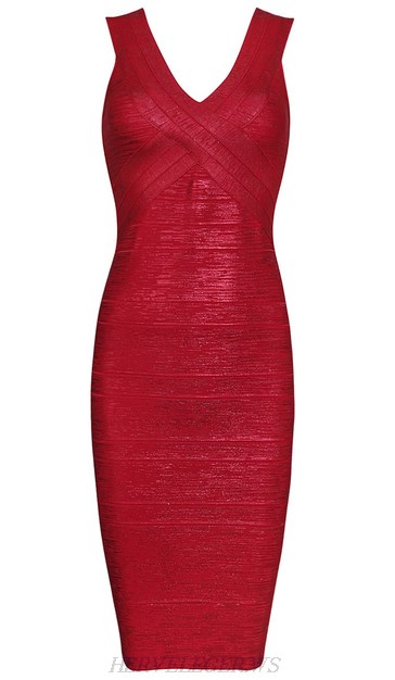 Herve Leger Red Woodgrain Foil Print V Neck Dress