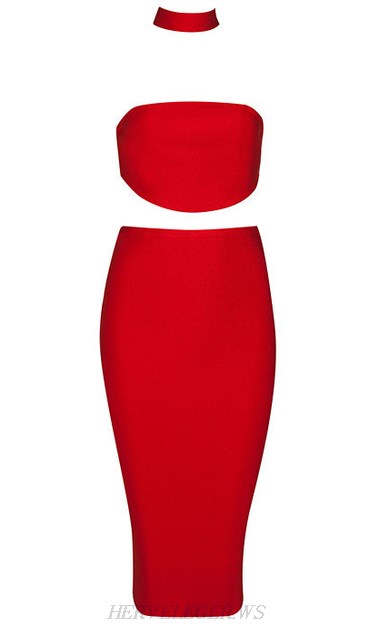 Herve Leger Red Choker Neck Two Piece Dress