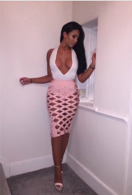 Herve Leger Pink Cut Out Studded Skirt