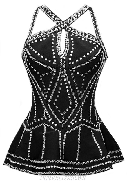 Herve Leger Black Embellished Peplum Top