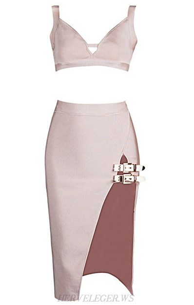 Herve Leger Nude Embellished Slit Two Piece Dress