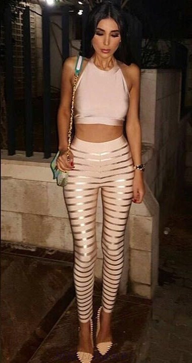 Herve Leger Nude Foil Stripes Two Piece Top Leggings