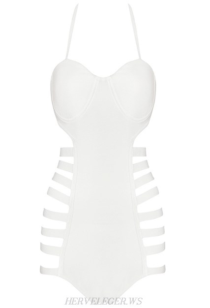 Herve Leger White Halter Cut Out Sides Swimsuit
