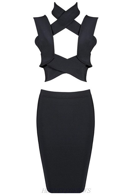 Herve Leger Black Halter Cut Out Two Piece Dress