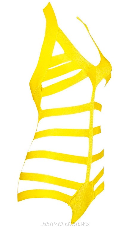 Herve Leger Yellow V Neck Halter Fishbone Swimsuit