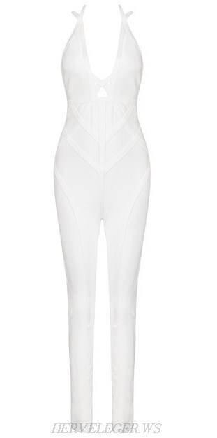 Herve Leger White Halter Plunging Jumpsuit