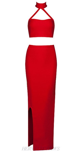 Herve Leger Red Halter Slit Two Piece Dress