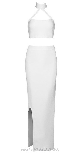 Herve Leger White Halter Slit Two Piece Dress