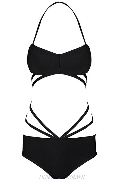 Herve Leger Black Halter Strappy Bikini