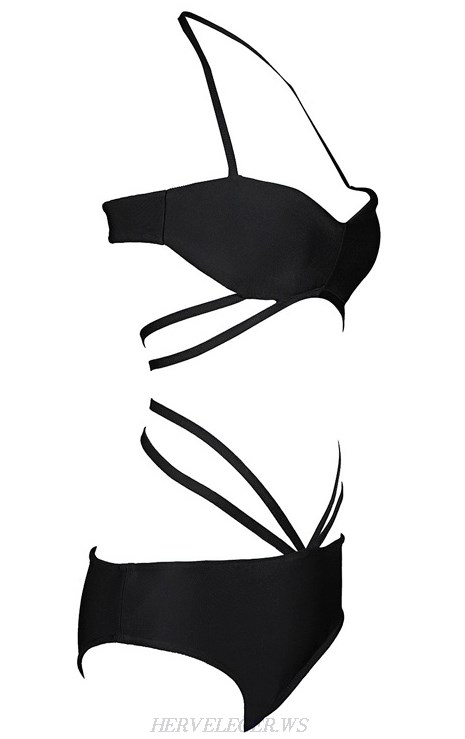 Herve Leger Black Halter Strappy Bikini