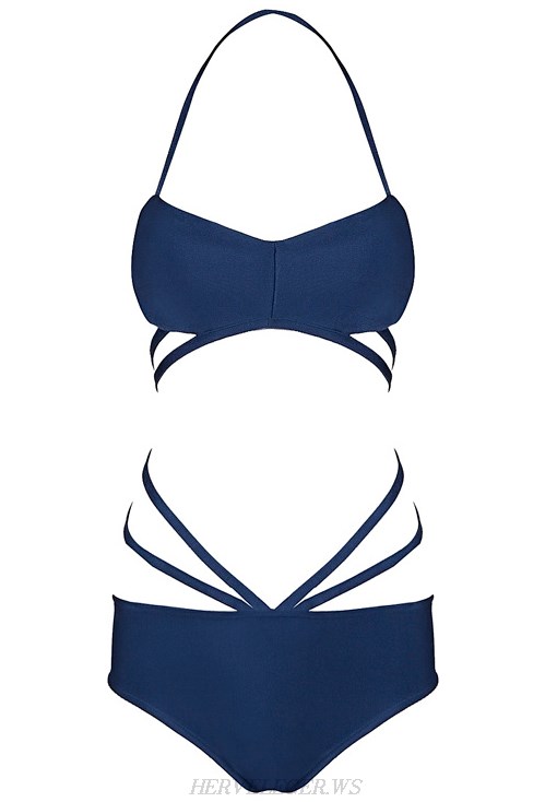 Herve Leger Blue Halter Strappy Bikini