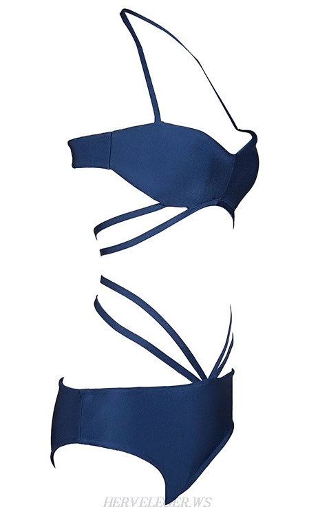 Herve Leger Blue Halter Strappy Bikini